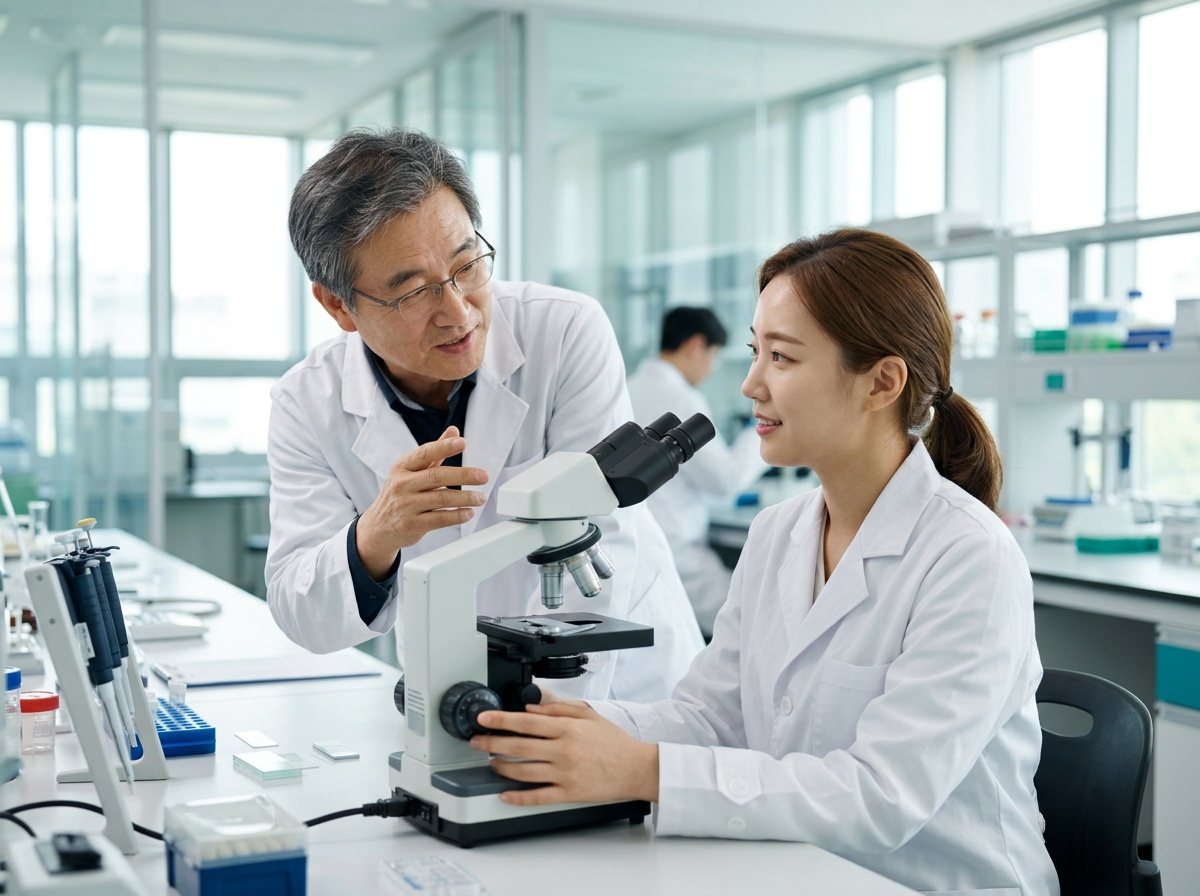현미경 앞에서 후배 연구원을 지도하는 선임 연구원
